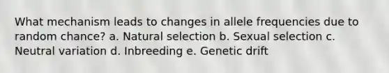 What mechanism leads to changes in allele frequencies due to random chance? a. Natural selection b. Sexual selection c. Neutral variation d. Inbreeding e. Genetic drift