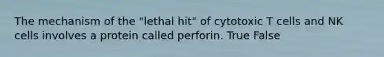 The mechanism of the "lethal hit" of cytotoxic T cells and NK cells involves a protein called perforin. True False