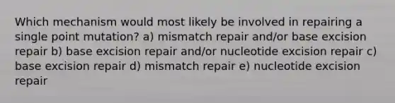 Which mechanism would most likely be involved in repairing a single point mutation? a) mismatch repair and/or base excision repair b) base excision repair and/or nucleotide excision repair c) base excision repair d) mismatch repair e) nucleotide excision repair