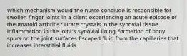 Which mechanism would the nurse conclude is responsible for swollen finger joints in a client experiencing an acute episode of rheumatoid arthritis? Urate crystals in the synovial tissue Inflammation in the joint's synovial lining Formation of bony spurs on the joint surfaces Escaped fluid from the capillaries that increases interstitial fluids