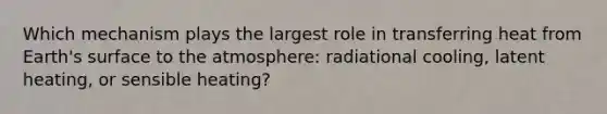 Which mechanism plays the largest role in transferring heat from Earth's surface to the atmosphere: radiational cooling, latent heating, or sensible heating?