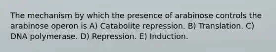 The mechanism by which the presence of arabinose controls the arabinose operon is A) Catabolite repression. B) Translation. C) DNA polymerase. D) Repression. E) Induction.