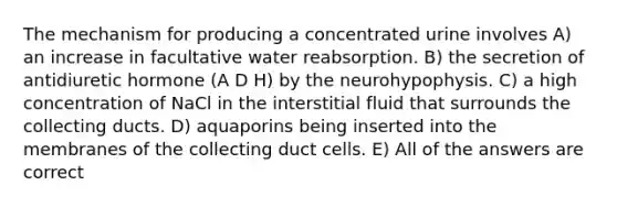 The mechanism for producing a concentrated urine involves A) an increase in facultative water reabsorption. B) the secretion of antidiuretic hormone (A D H) by the neurohypophysis. C) a high concentration of NaCl in the interstitial fluid that surrounds the collecting ducts. D) aquaporins being inserted into the membranes of the collecting duct cells. E) All of the answers are correct