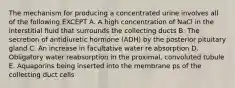 The mechanism for producing a concentrated urine involves all of the following EXCEPT A. A high concentration of NaCl in the interstitial fluid that surrounds the collecting ducts B. The secretion of antidiuretic hormone (ADH) by the posterior pituitary gland C. An increase in facultative water re absorption D. Obligatory water reabsorption in the proximal, convoluted tubule E. Aquaporins being inserted into the membrane ps of the collecting duct cells