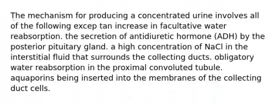 The mechanism for producing a concentrated urine involves all of the following excep tan increase in facultative water reabsorption. the secretion of antidiuretic hormone (ADH) by the posterior pituitary gland. a high concentration of NaCl in the interstitial fluid that surrounds the collecting ducts. obligatory water reabsorption in the proximal convoluted tubule. aquaporins being inserted into the membranes of the collecting duct cells.