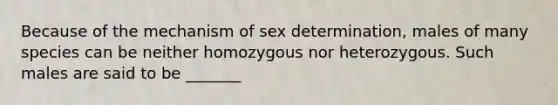 Because of the mechanism of sex determination, males of many species can be neither homozygous nor heterozygous. Such males are said to be _______