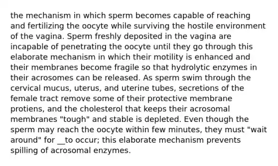 the mechanism in which sperm becomes capable of reaching and fertilizing the oocyte while surviving the hostile environment of the vagina. Sperm freshly deposited in the vagina are incapable of penetrating the oocyte until they go through this elaborate mechanism in which their motility is enhanced and their membranes become fragile so that hydrolytic enzymes in their acrosomes can be released. As sperm swim through the cervical mucus, uterus, and uterine tubes, secretions of the female tract remove some of their protective membrane protiens, and the cholesterol that keeps their acrosomal membranes "tough" and stable is depleted. Even though the sperm may reach the oocyte within few minutes, they must "wait around" for __to occur; this elaborate mechanism prevents spilling of acrosomal enzymes.