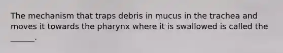 The mechanism that traps debris in mucus in the trachea and moves it towards the pharynx where it is swallowed is called the ______.