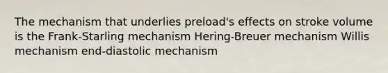 The mechanism that underlies preload's effects on stroke volume is the Frank-Starling mechanism Hering-Breuer mechanism Willis mechanism end-diastolic mechanism