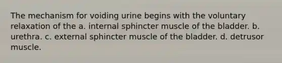 The mechanism for voiding urine begins with the voluntary relaxation of the a. internal sphincter muscle of the bladder. b. urethra. c. external sphincter muscle of the bladder. d. detrusor muscle.