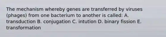 The mechanism whereby genes are transferred by viruses (phages) from one bacterium to another is called: A. transduction B. conjugation C. intution D. binary fission E. transformation