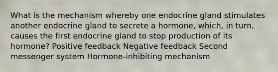 What is the mechanism whereby one endocrine gland stimulates another endocrine gland to secrete a hormone, which, in turn, causes the first endocrine gland to stop production of its hormone? Positive feedback Negative feedback Second messenger system Hormone-inhibiting mechanism