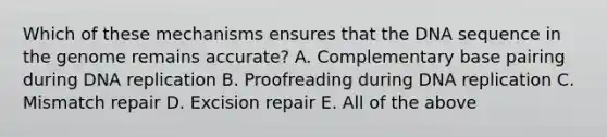 Which of these mechanisms ensures that the DNA sequence in the genome remains accurate? A. Complementary base pairing during <a href='https://www.questionai.com/knowledge/kofV2VQU2J-dna-replication' class='anchor-knowledge'>dna replication</a> B. Proofreading during DNA replication C. Mismatch repair D. Excision repair E. All of the above
