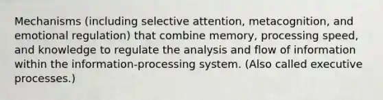 Mechanisms (including selective attention, metacognition, and emotional regulation) that combine memory, processing speed, and knowledge to regulate the analysis and flow of information within the information-processing system. (Also called executive processes.)