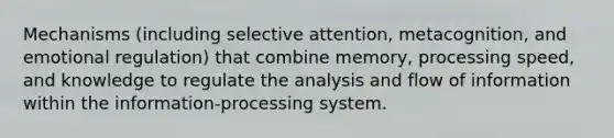 Mechanisms (including selective attention, metacognition, and emotional regulation) that combine memory, processing speed, and knowledge to regulate the analysis and flow of information within the information-processing system.