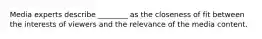 Media experts describe ________ as the closeness of fit between the interests of viewers and the relevance of the media content.