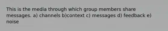 This is the media through which group members share messages. a) channels b)context c) messages d) feedback e) noise