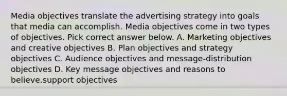 Media objectives translate the advertising strategy into goals that media can accomplish. Media objectives come in two types of objectives. Pick correct answer below. A. Marketing objectives and creative objectives B. Plan objectives and strategy objectives C. Audience objectives and message-distribution objectives D. Key message objectives and reasons to believe.support objectives