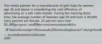 The media planner for a manufacturer of golf clubs for women age 30 and above is considering the cost-efficiency of advertising on a talk radio station. During the morning drive time, the average number of listeners age 30 and over is 40,000. Sixty percent are female, 25 percent earn over 35,000 per year, and 99 percent own automobiles. What is the cost per thousand of this media planner's target audience (TCPM) if a 30-second commercial costs200?