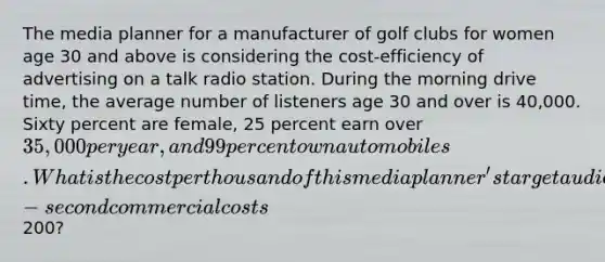 The media planner for a manufacturer of golf clubs for women age 30 and above is considering the cost-efficiency of advertising on a talk radio station. During the morning drive time, the average number of listeners age 30 and over is 40,000. Sixty percent are female, 25 percent earn over 35,000 per year, and 99 percent own automobiles. What is the cost per thousand of this media planner's target audience (TCPM) if a 30-second commercial costs200?