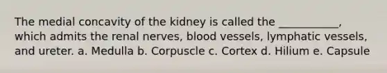 The medial concavity of the kidney is called the ___________, which admits the renal nerves, blood vessels, lymphatic vessels, and ureter. a. Medulla b. Corpuscle c. Cortex d. Hilium e. Capsule