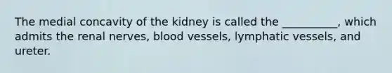 The medial concavity of the kidney is called the __________, which admits the renal nerves, <a href='https://www.questionai.com/knowledge/kZJ3mNKN7P-blood-vessels' class='anchor-knowledge'>blood vessels</a>, <a href='https://www.questionai.com/knowledge/ki6sUebkzn-lymphatic-vessels' class='anchor-knowledge'>lymphatic vessels</a>, and ureter.