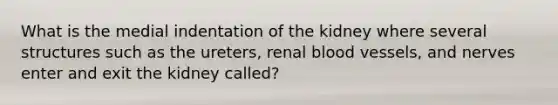 What is the medial indentation of the kidney where several structures such as the ureters, renal blood vessels, and nerves enter and exit the kidney called?