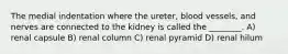 The medial indentation where the ureter, blood vessels, and nerves are connected to the kidney is called the ________. A) renal capsule B) renal column C) renal pyramid D) renal hilum