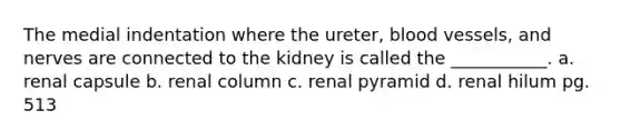 The medial indentation where the ureter, blood vessels, and nerves are connected to the kidney is called the ___________. a. renal capsule b. renal column c. renal pyramid d. renal hilum pg. 513