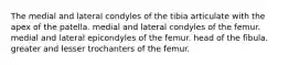 The medial and lateral condyles of the tibia articulate with the apex of the patella. medial and lateral condyles of the femur. medial and lateral epicondyles of the femur. head of the fibula. greater and lesser trochanters of the femur.