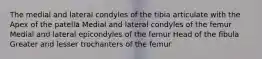 The medial and lateral condyles of the tibia articulate with the Apex of the patella Medial and lateral condyles of the femur Medial and lateral epicondyles of the femur Head of the fibula Greater and lesser trochanters of the femur