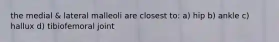 the medial & lateral malleoli are closest to: a) hip b) ankle c) hallux d) tibiofemoral joint