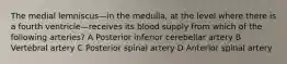 The medial lemniscus—in the medulla, at the level where there is a fourth ventricle—receives its blood supply from which of the following arteries? A Posterior inferior cerebellar artery B Vertebral artery C Posterior spinal artery D Anterior spinal artery