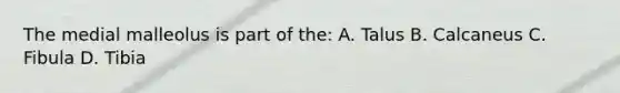 The medial malleolus is part of the: A. Talus B. Calcaneus C. Fibula D. Tibia