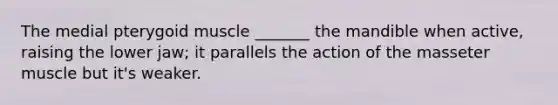 The medial pterygoid muscle _______ the mandible when active, raising the lower jaw; it parallels the action of the masseter muscle but it's weaker.