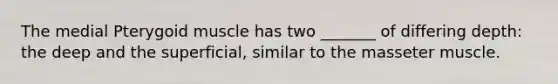 The medial Pterygoid muscle has two _______ of differing depth: the deep and the superficial, similar to the masseter muscle.