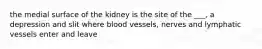 the medial surface of the kidney is the site of the ___, a depression and slit where blood vessels, nerves and lymphatic vessels enter and leave