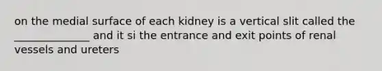 on the medial surface of each kidney is a vertical slit called the ______________ and it si the entrance and exit points of renal vessels and ureters