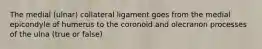 The medial (ulnar) collateral ligament goes from the medial epicondyle of humerus to the coronoid and olecranon processes of the ulna (true or false)