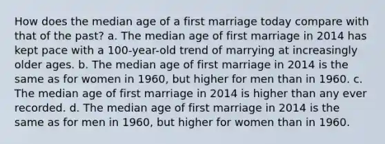 How does the median age of a first marriage today compare with that of the past? a. The median age of first marriage in 2014 has kept pace with a 100-year-old trend of marrying at increasingly older ages. b. The median age of first marriage in 2014 is the same as for women in 1960, but higher for men than in 1960. c. The median age of first marriage in 2014 is higher than any ever recorded. d. The median age of first marriage in 2014 is the same as for men in 1960, but higher for women than in 1960.