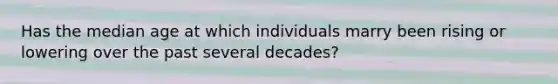 Has the median age at which individuals marry been rising or lowering over the past several decades?