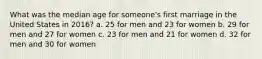 What was the median age for someone's first marriage in the United States in 2016? a. 25 for men and 23 for women b. 29 for men and 27 for women c. 23 for men and 21 for women d. 32 for men and 30 for women