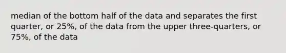 median of the bottom half of the data and separates the first quarter, or 25%, of the data from the upper three-quarters, or 75%, of the data