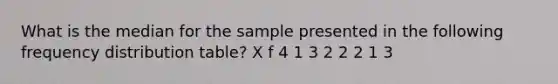 What is the median for the sample presented in the following frequency distribution table? X f 4 1 3 2 2 2 1 3