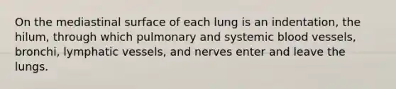 On the mediastinal surface of each lung is an indentation, the hilum, through which pulmonary and systemic <a href='https://www.questionai.com/knowledge/kZJ3mNKN7P-blood-vessels' class='anchor-knowledge'>blood vessels</a>, bronchi, <a href='https://www.questionai.com/knowledge/ki6sUebkzn-lymphatic-vessels' class='anchor-knowledge'>lymphatic vessels</a>, and nerves enter and leave the lungs.