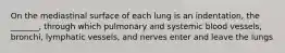 On the mediastinal surface of each lung is an indentation, the _______, through which pulmonary and systemic blood vessels, bronchi, lymphatic vessels, and nerves enter and leave the lungs