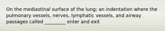 On the mediastinal surface of the lung; an indentation where the pulmonary vessels, nerves, <a href='https://www.questionai.com/knowledge/ki6sUebkzn-lymphatic-vessels' class='anchor-knowledge'>lymphatic vessels</a>, and airway passages called _________ enter and exit