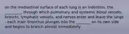 on the mediastinal surface of each lung is an indention, the _________, through which pulmonary and systemic blood vessels, bronchi, lymphatic vessels, and nerves enter and leave the lungs - each main bronchus plunges into the ________ on its own side and begins to branch almost immediately