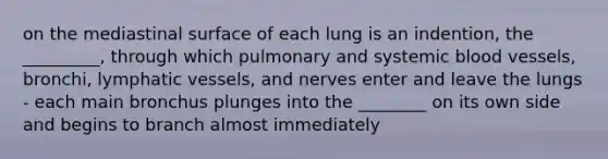 on the mediastinal surface of each lung is an indention, the _________, through which pulmonary and systemic blood vessels, bronchi, lymphatic vessels, and nerves enter and leave the lungs - each main bronchus plunges into the ________ on its own side and begins to branch almost immediately