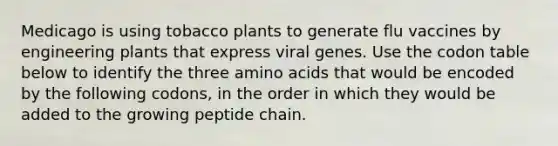 Medicago is using tobacco plants to generate flu vaccines by engineering plants that express viral genes. Use the codon table below to identify the three amino acids that would be encoded by the following codons, in the order in which they would be added to the growing peptide chain.